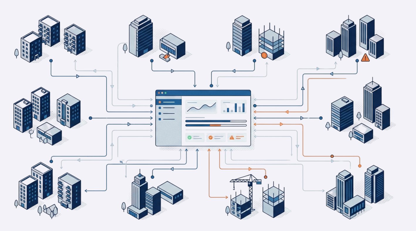 Isometric illustration of real estate projects feeding data into the Arjava dashboard